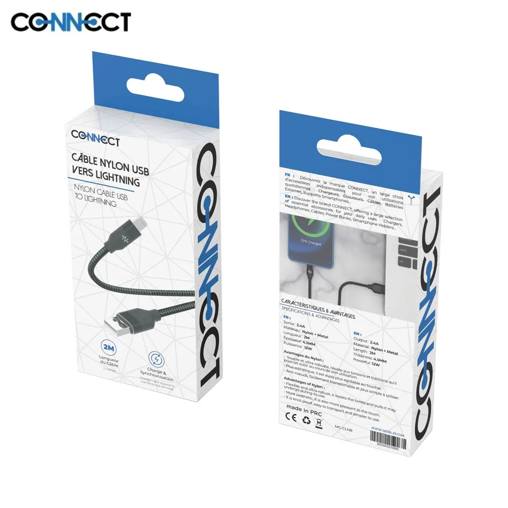 Câble Data USB vers Lightning CONNECT Nylon Tressé 12W (2m) Noir — vue 2