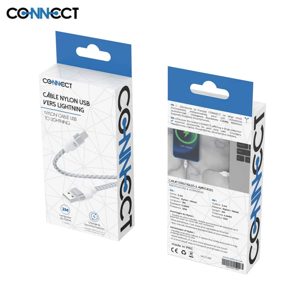 Câble Data USB vers Lightning CONNECT Nylon Tressé 12W (2m) Blanc — vue 2