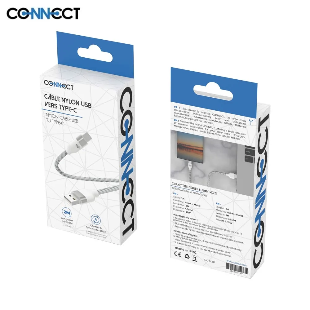 Câble Data USB vers USB-C CONNECT Nylon Tressé 15W (2m) Blanc — vue 2