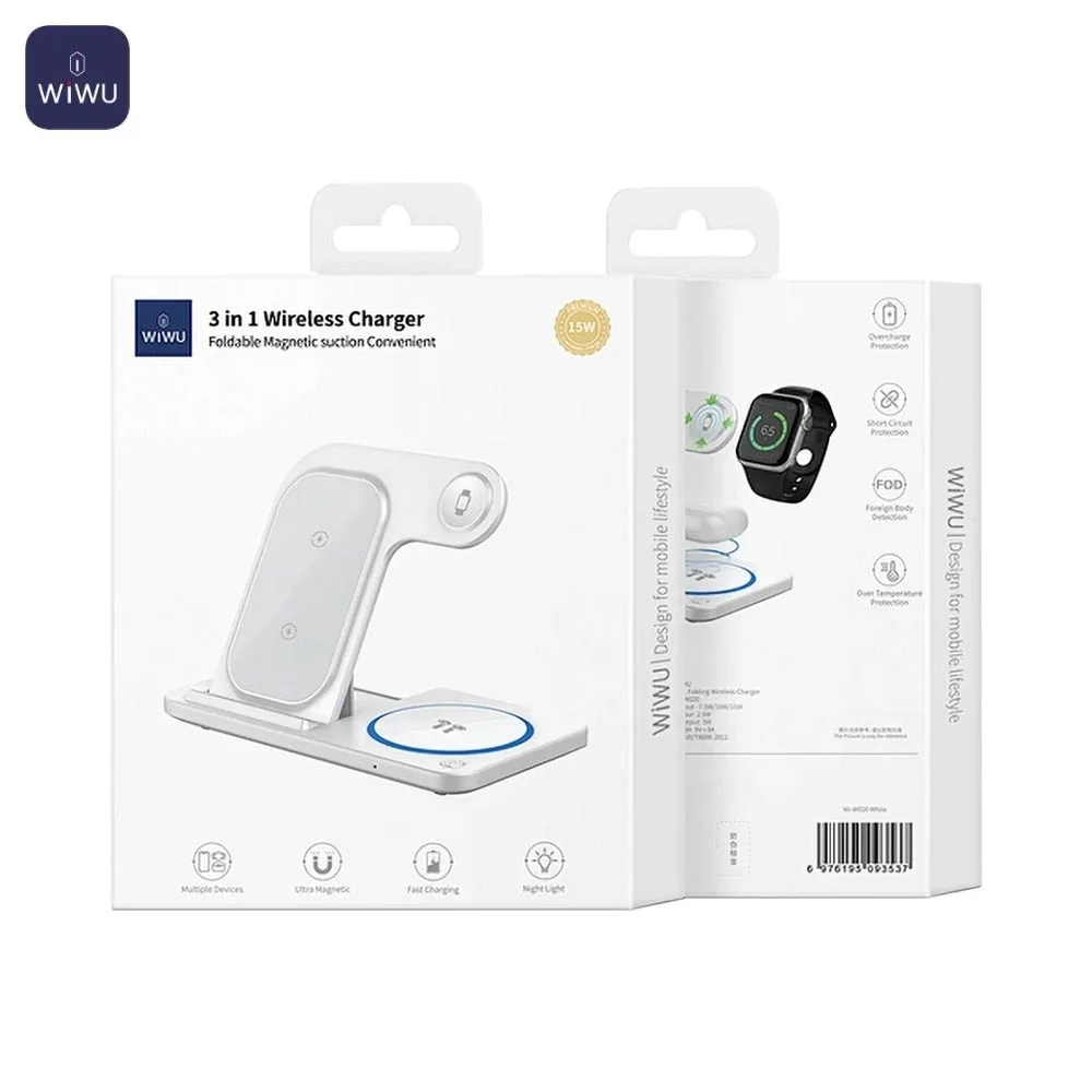Station de Charge sans Fil Wiwu Wi-W020 3 en 1 Pliable Blanc — vue 3