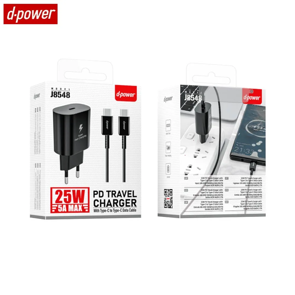 Chargeur Secteur USB-C d-power J8548B Charge Rapide 25W avec Câble Data Type-C vers Type-C Noir