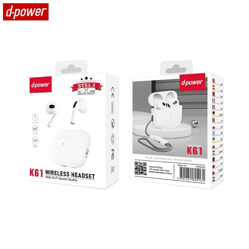Écouteurs Bluetooth d-power K6201 (BT 5.3) Blanc — vue 2