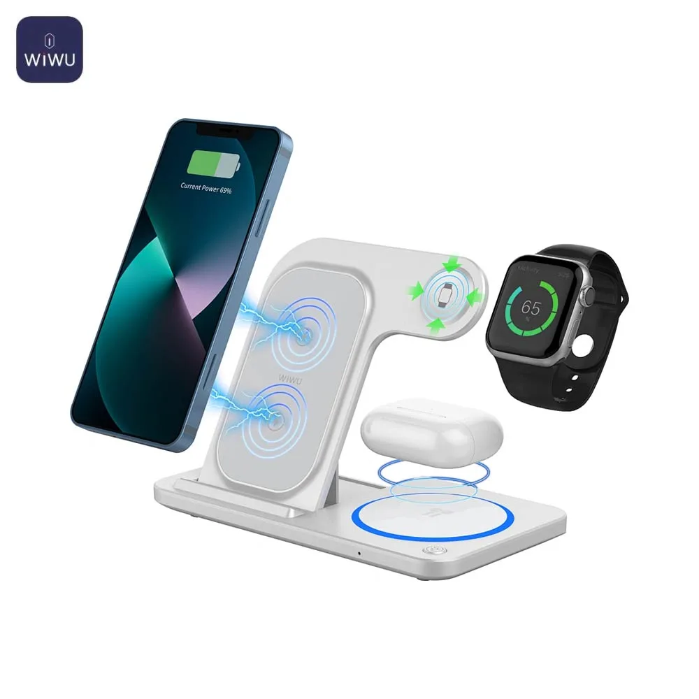 Station de Charge sans Fil Wiwu Wi-W020 3 en 1 Pliable Blanc — vue 4