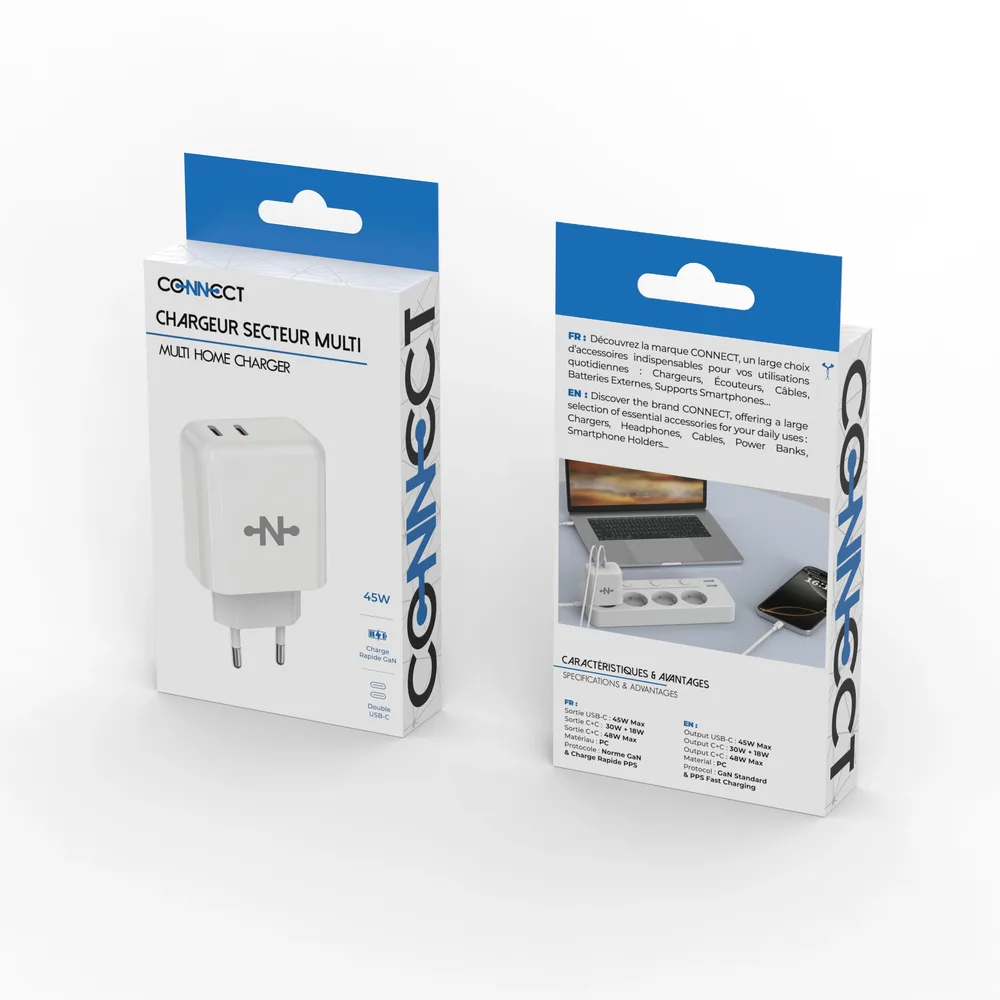 Chargeur Secteur GaN CONNECT (2x Type-C) 45W Blanc