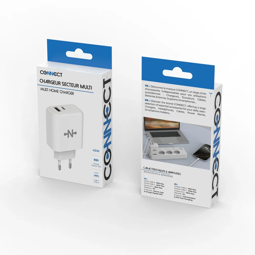 Chargeur Secteur GaN CONNECT (Type-C + USB) 45W Blanc