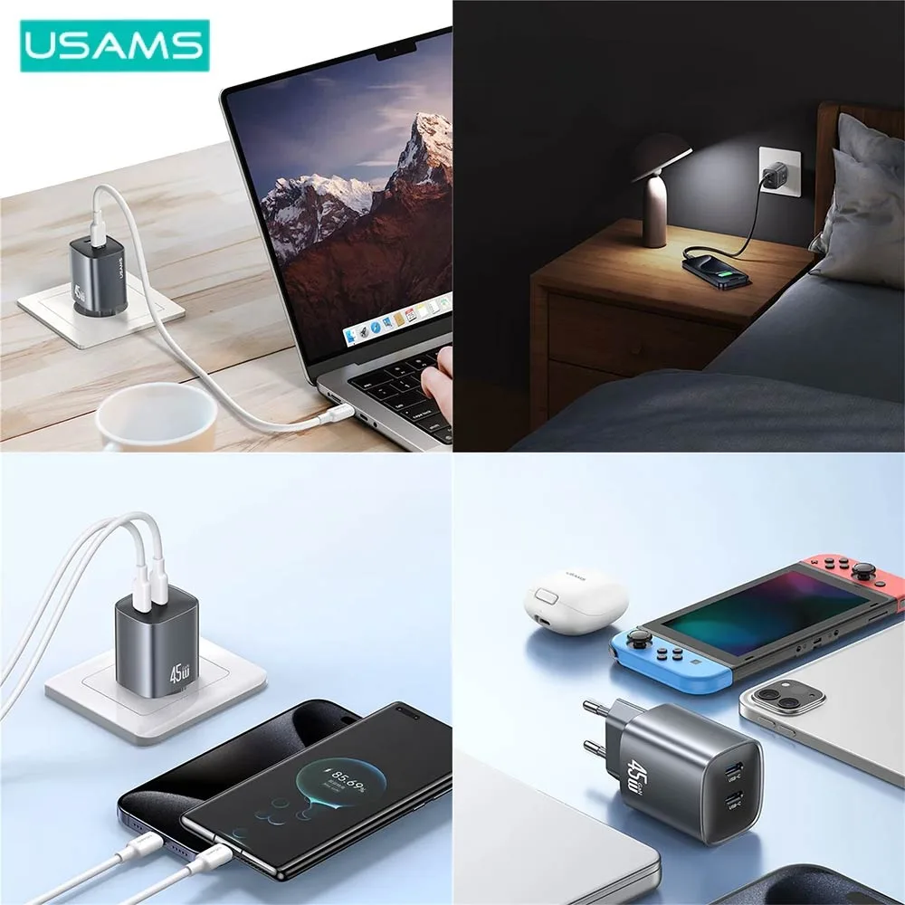 Chargeur Secteur GaN Usams T66 45W (2x Type-C) Noir