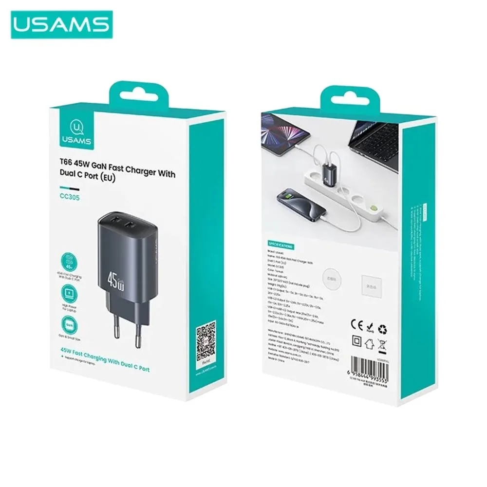 Chargeur Secteur GaN Usams T66 45W (2x Type-C) Noir — vue 2