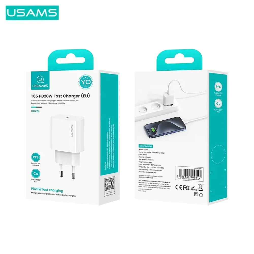 Chargeur Secteur USB-C Usams T65 20W Blanc — vue 2