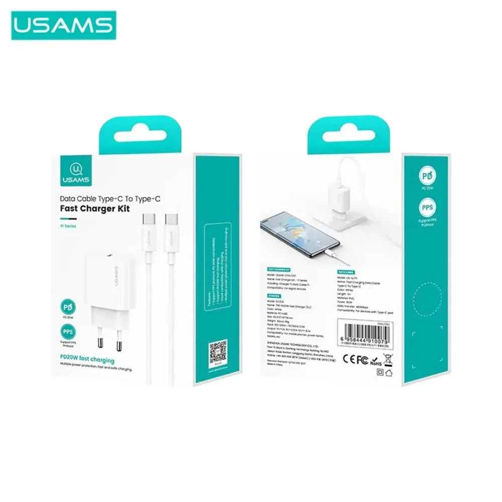Chargeur Secteur USB-C Usams T65 20W avec Câble Type-C vers Type-C SJ711 (1m) OYXLTZ01 Blanc — vue 2