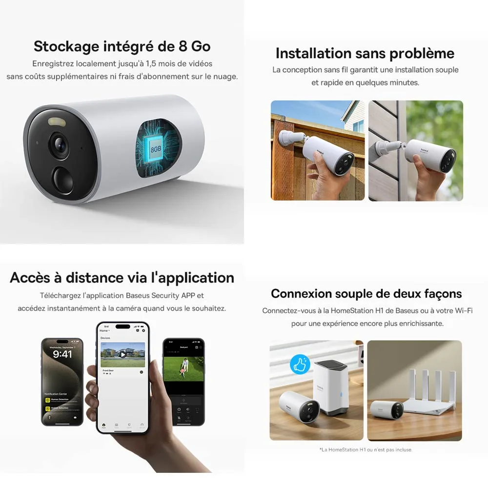 Caméra de Surveillance Sans Fil pour Extérieur Baseus B1 2K 8GB avec Batterie 7800mAh, Vision Nocturne et Micro Bidirectionnel Blanc — vue 2