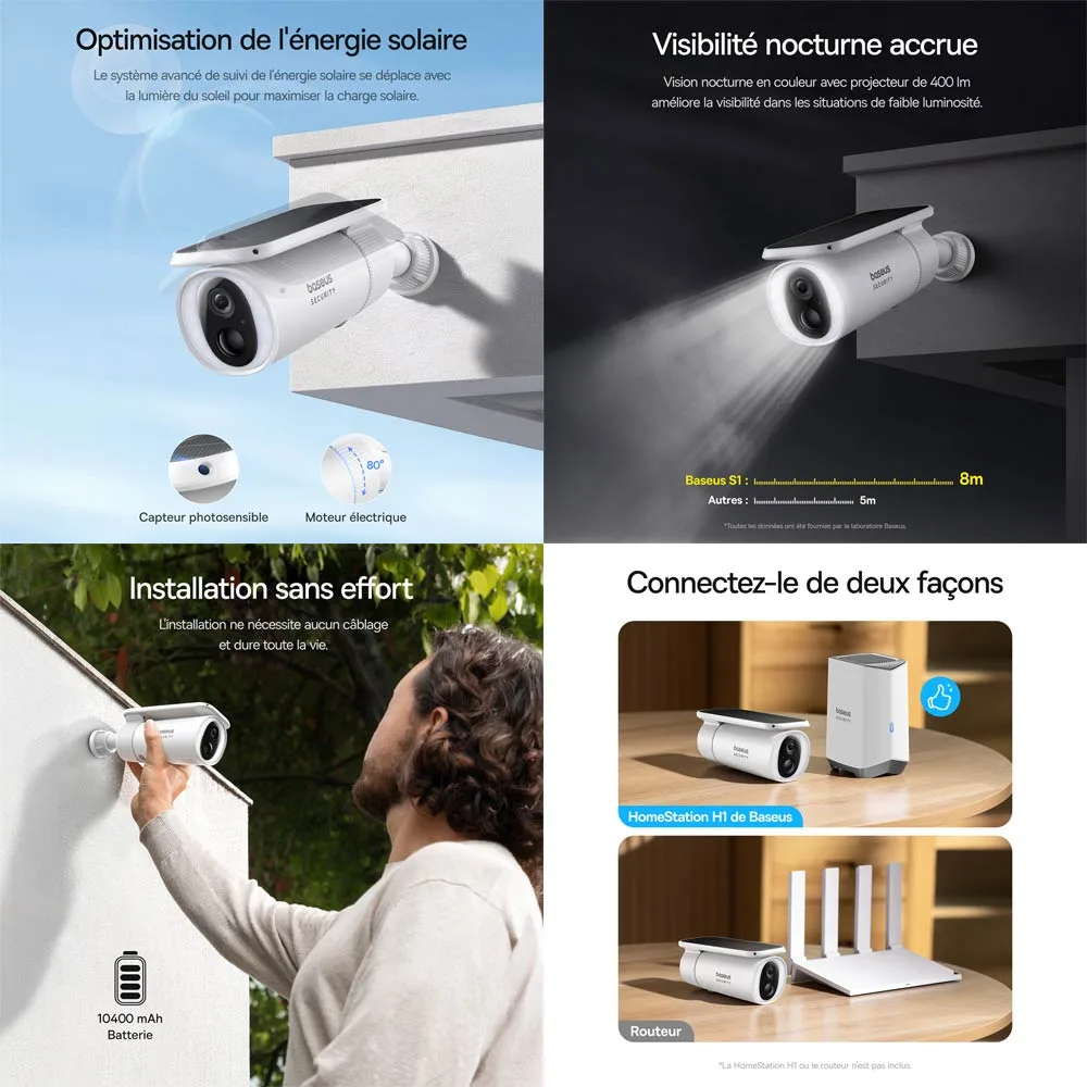 Caméra de Surveillance Sans Fil pour Extérieur Baseus S1 2K 8GB avec Batterie 10400mAh, Panneau Solaire à Système de Suivi, Vision Nocturne et Micro Bidirectionnel Blanc — vue 2