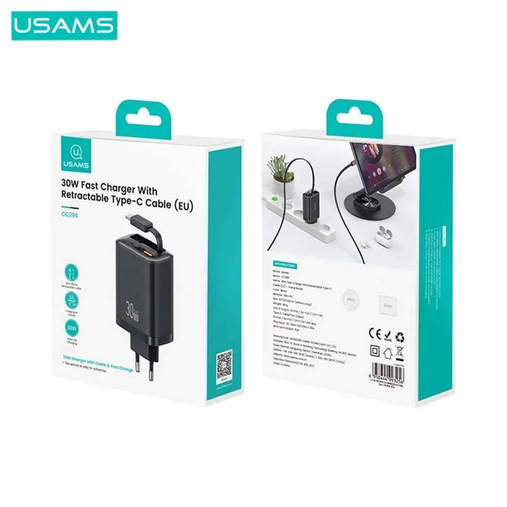 Chargeur Secteur Multi Usams CC296 30W avec Câble Rétractable Type-C Blanc — vue 3