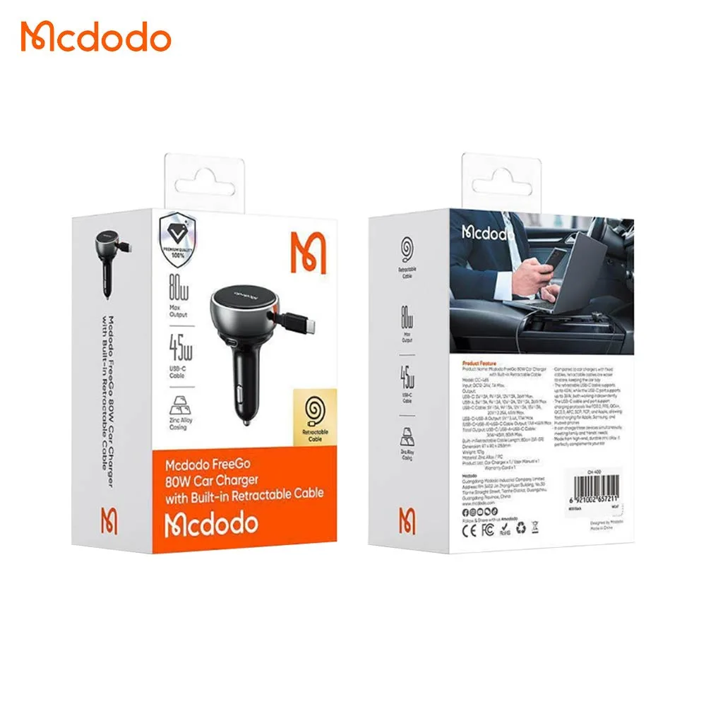 Chargeur Allume-Cigare Mcdodo 80W avec Câble Rétractable Noir — vue 3