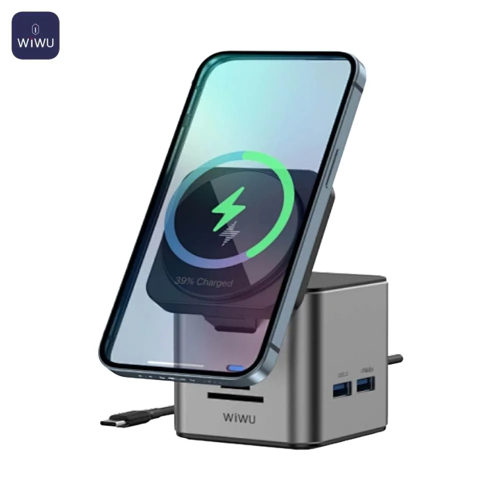Station d'Acceuil Universelle Wiwu HUB Type-C 9 en 1 sans Fil et Charge Magnétique 100W Gris