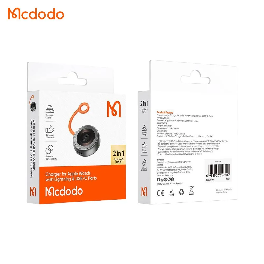Chargeur Montre Connectée Mcdodo sans Fil pour Apple Watch & AirPods Noir — vue 3