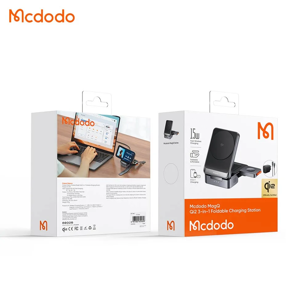 Station de Charge sans Fil Mcdodo Qi2 Pliable 3 en 1 Noir — vue 4