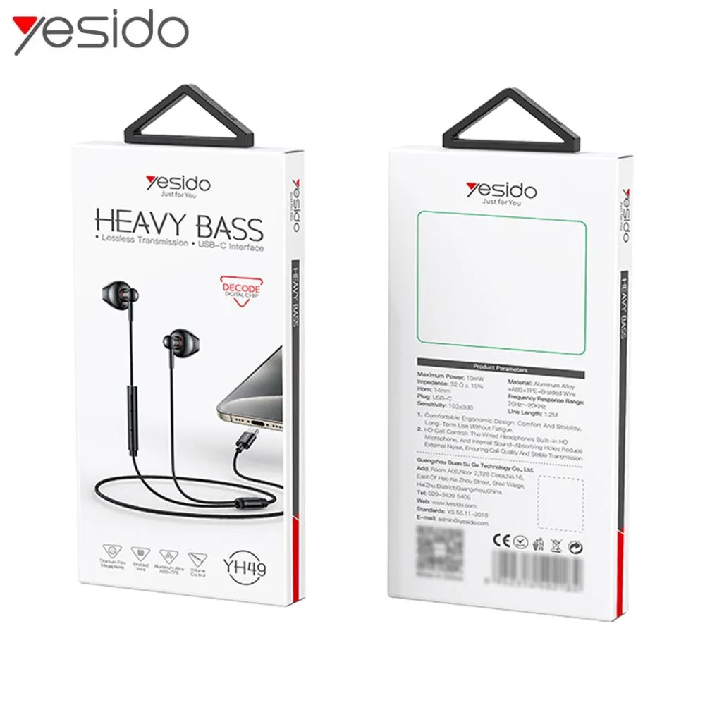 Écouteurs Filaires USB-C Yesido YH49 Noir — vue 3
