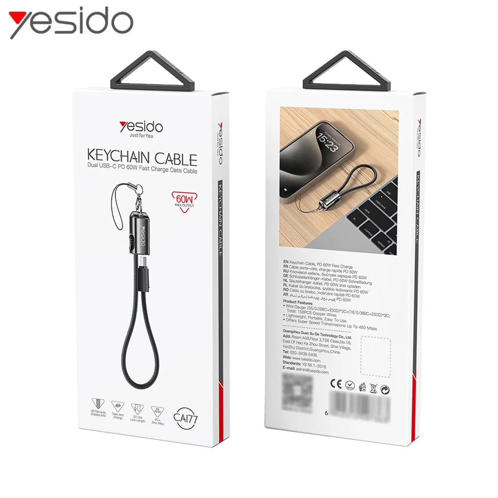 Câble Data USB-C vers USB-C Yesido CA177 Porte Clé Charge Rapide 60W Noir — vue 3