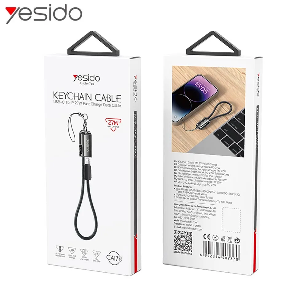 Câble Data USB-C vers Lightning Yesido CA178 Porte Clé Charge Rapide 27W Noir — vue 3
