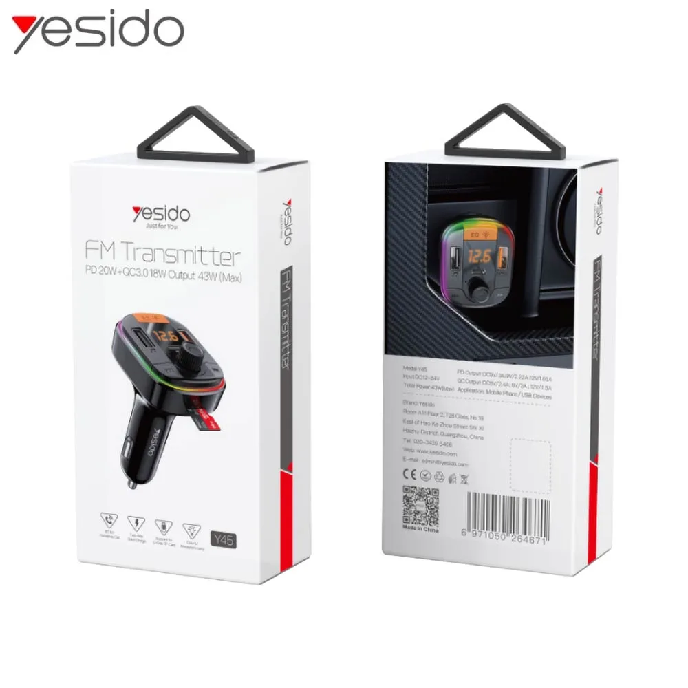 Transmetteur FM Bluetooth & Chargeur Voiture Yesido Y45 Noir — vue 3