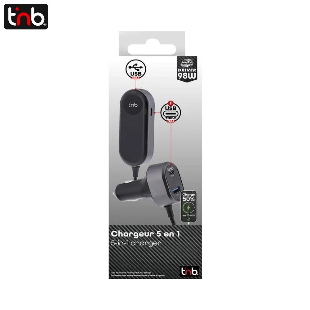 Chargeur Allume-Cigare T'nb avec Rallonge (2x USB + 3x Type-C) 98W CACSHARE3