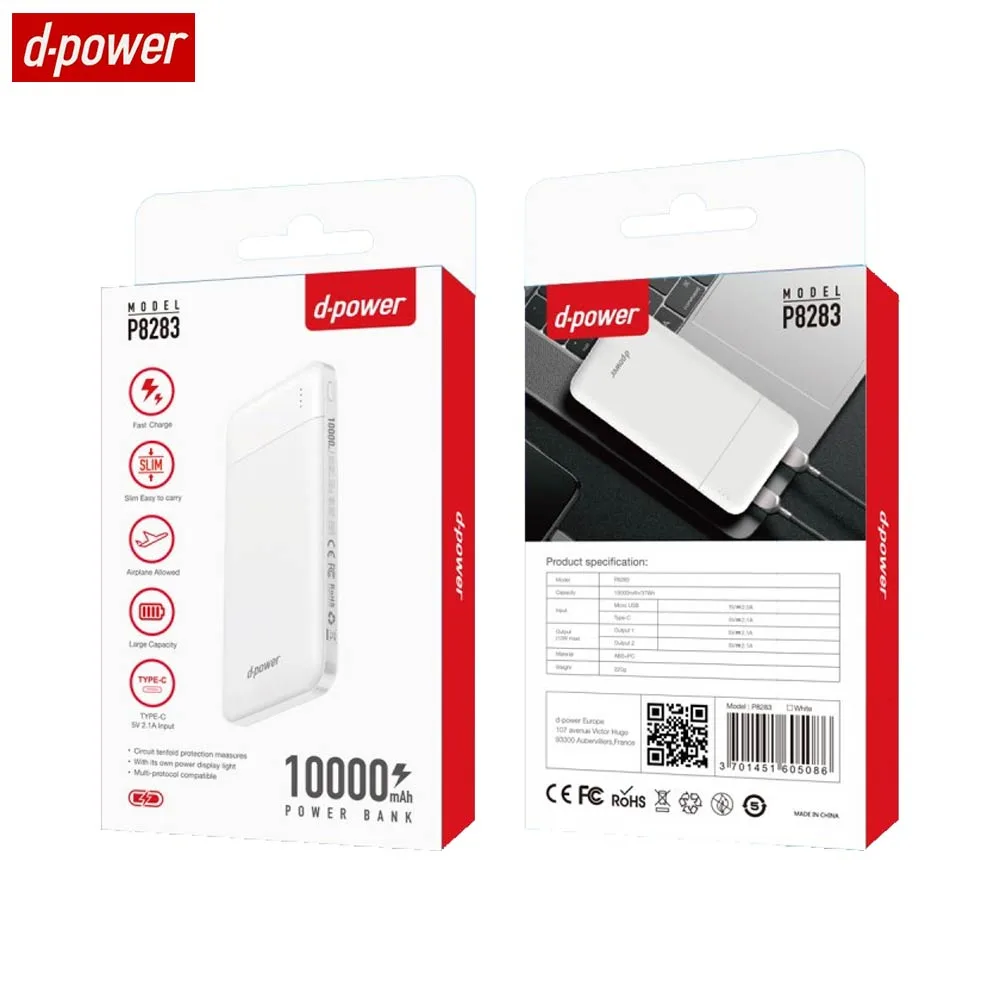 Batterie Externe Power Bank d-power P8283 10000mAh Blanc — vue 2