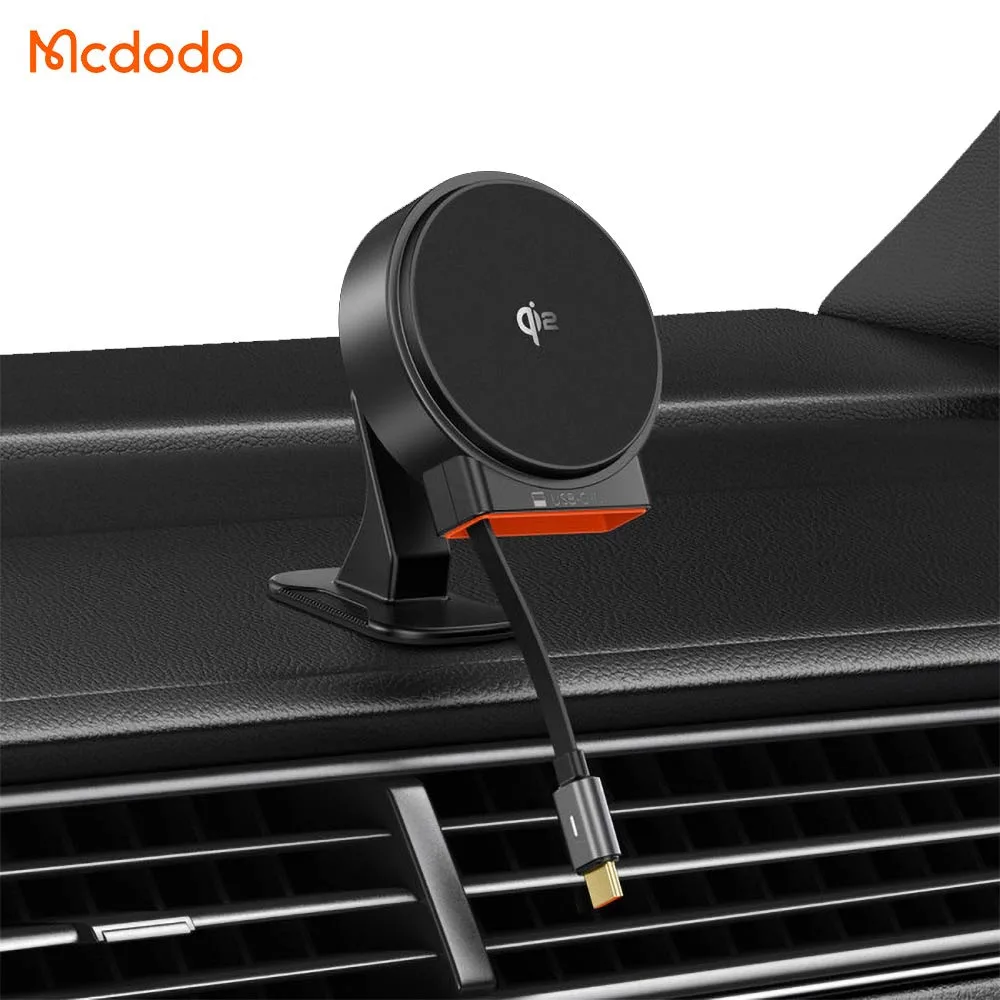 Support Smartphone Chargeur à Induction pour Voiture Mcdodo Qi2 (avec Câble Rétractable Type-C) 15W Noir — vue 2