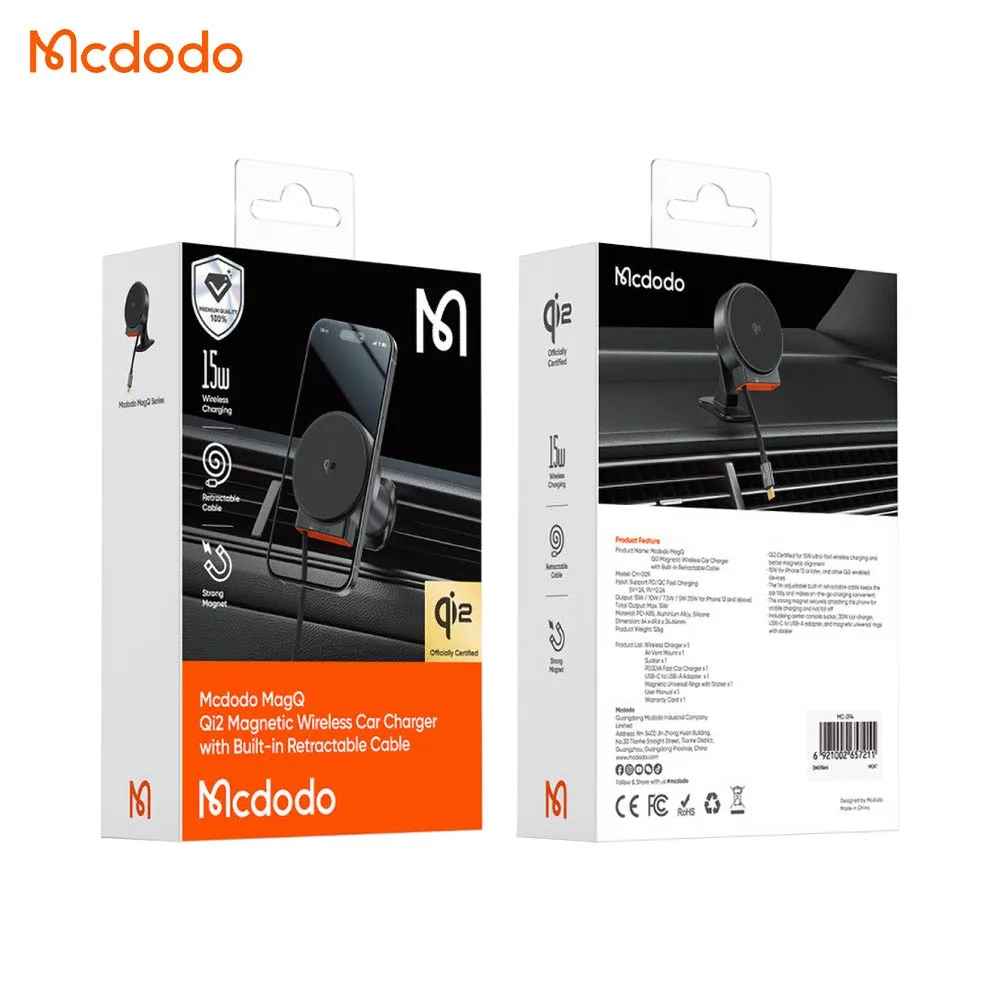 Support Smartphone Chargeur à Induction pour Voiture Mcdodo Qi2 (avec Câble Rétractable Type-C) 15W Noir — vue 4