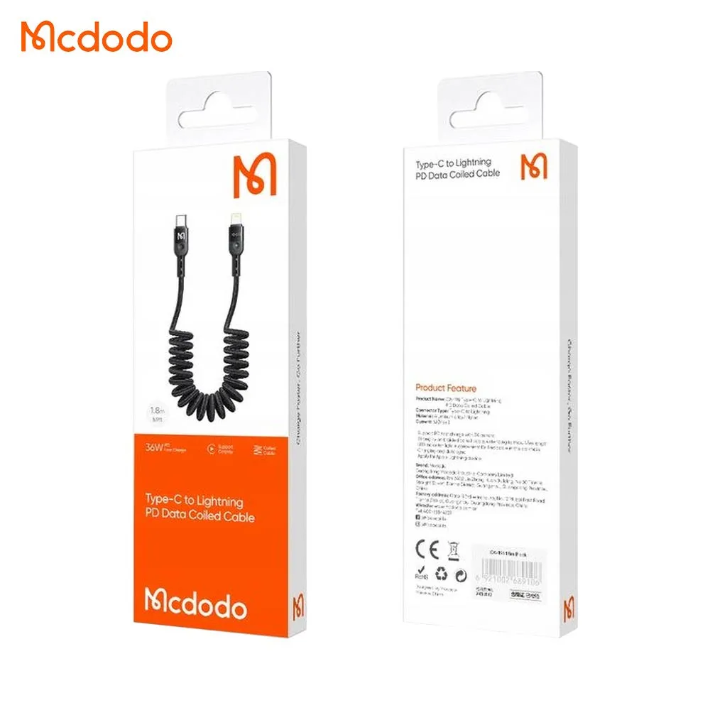 Câble Data USB-C vers Lightning Mcdodo (avec LED) 36W 1.8m Noir — vue 4