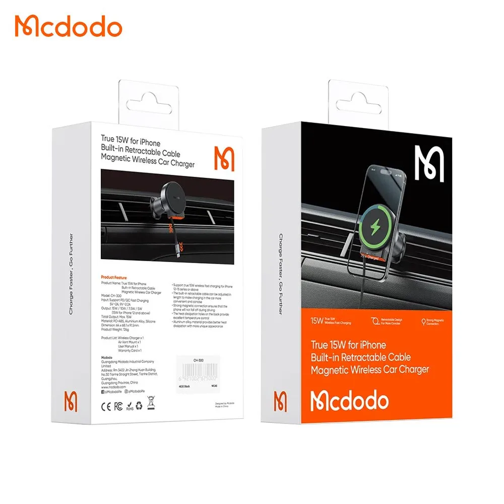 Support Smartphone Chargeur à Induction pour Voiture Mcdodo (avec Câble Rétractable Type-C) 15W Noir — vue 4