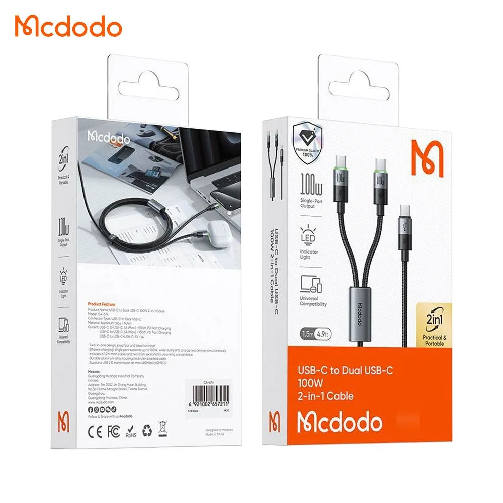 Câble Data Multi Mcdodo 2 in 1 (Type-C vers double Type-C) 100W 1.5m Noir — vue 4