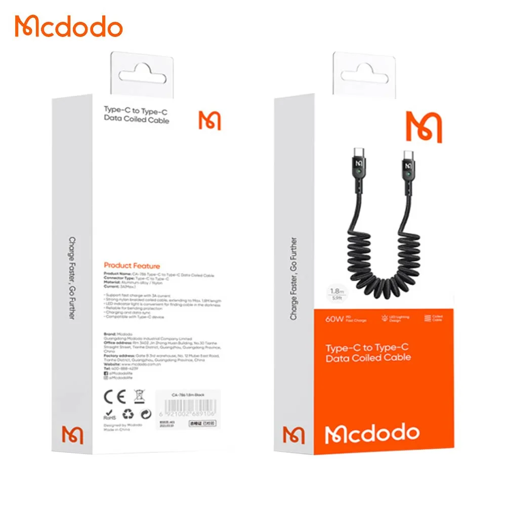 Câble Data USB-C vers USB-C Mcdodo (avec LED) 60W 1.8m Noir — vue 4