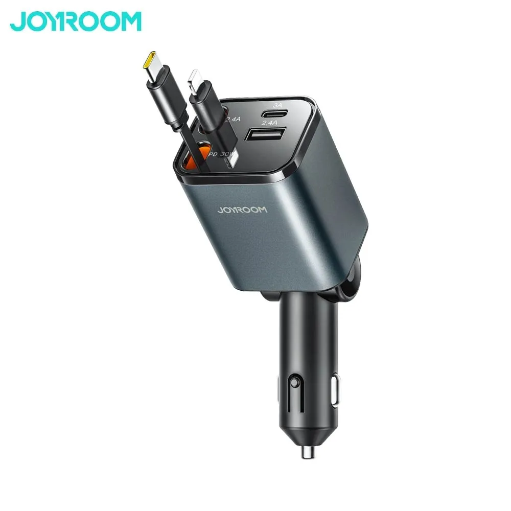 Chargeur Allume-Cigare JOYROOM 4 en 1 (avec Câble Rétractable Type-C + Lightning) 50W Gris Foncé
