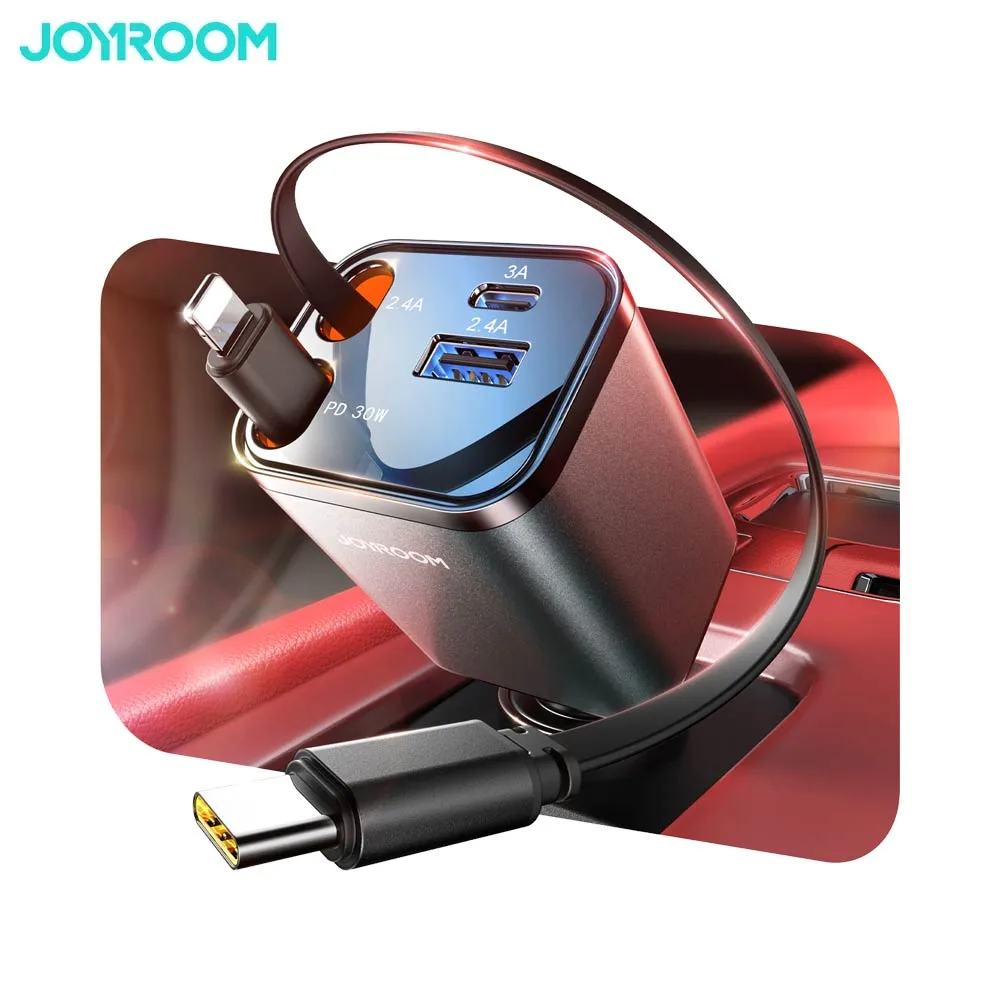 Chargeur Allume-Cigare JOYROOM 4 en 1 (avec Câble Rétractable Type-C + Lightning) 50W Gris Foncé — vue 2