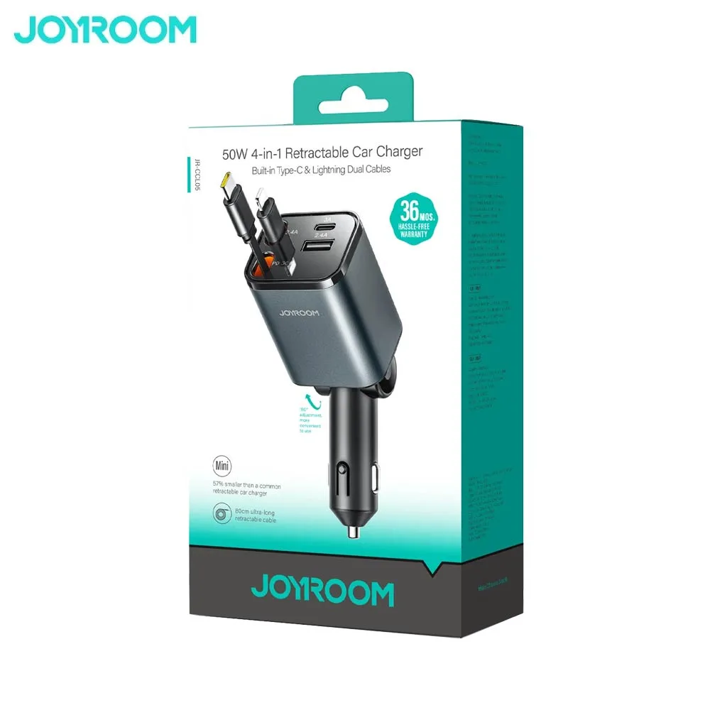 Chargeur Allume-Cigare JOYROOM 4 en 1 (avec Câble Rétractable Type-C + Lightning) 50W Gris Foncé — vue 4