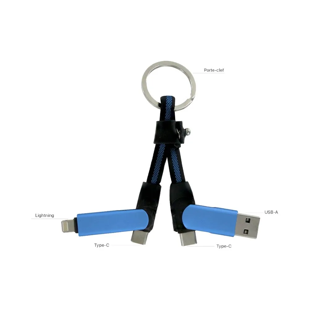 Porte-Clés Multi-Câbles 5 en 1 (Lightning + 2x Type-C + USB-A) Bleu — vue 2