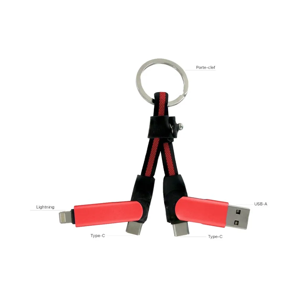 Porte-Clés Multi-Câbles 5 en 1 (Lightning + 2x Type-C + USB-A) Rouge — vue 2