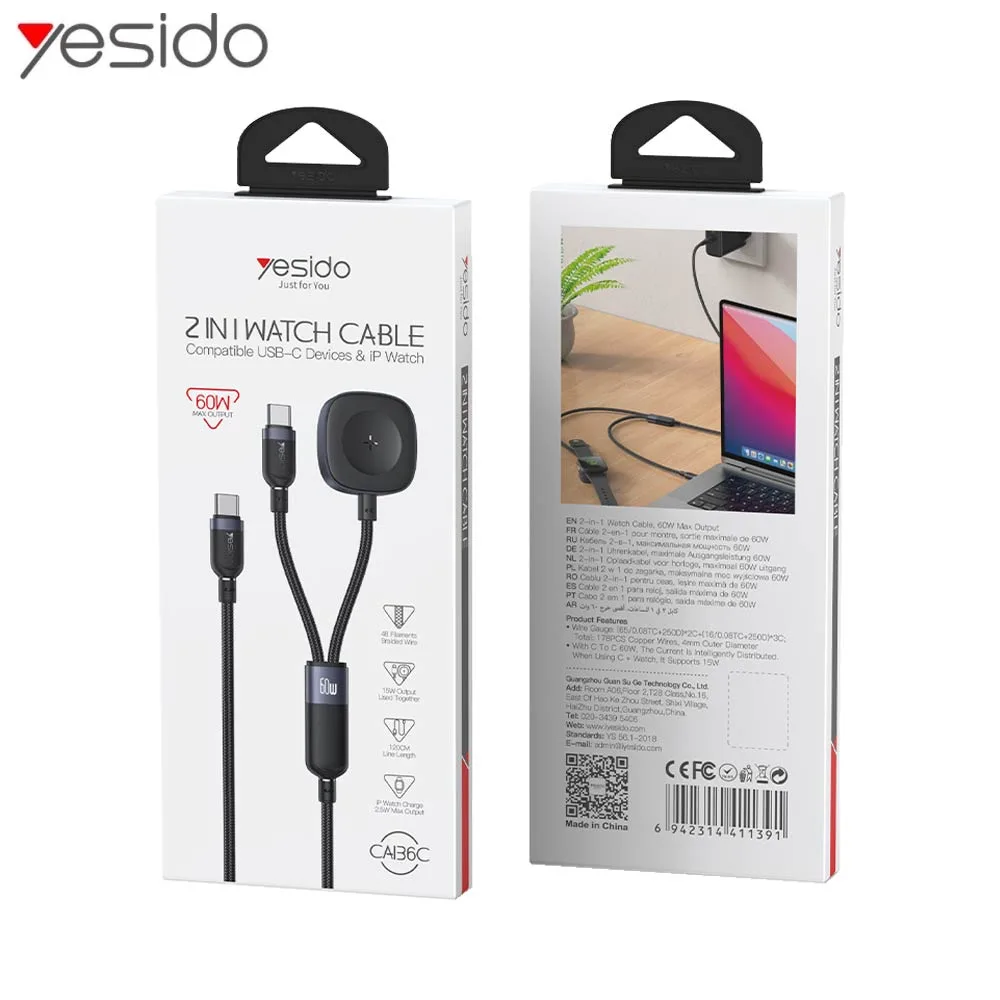 Câble de Charge Yesido CA136C Type-C vers Type-C + Pad de Charge pour Montre Connectée Noir — vue 4