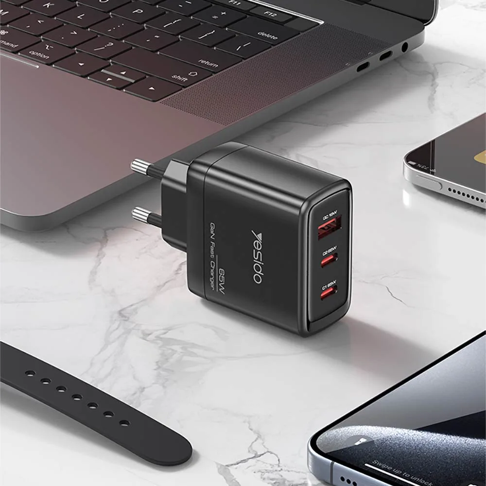 Chargeur Secteur GaN Multi (2x USB-C + USB) Yesido YC144C 65W Noir — vue 2