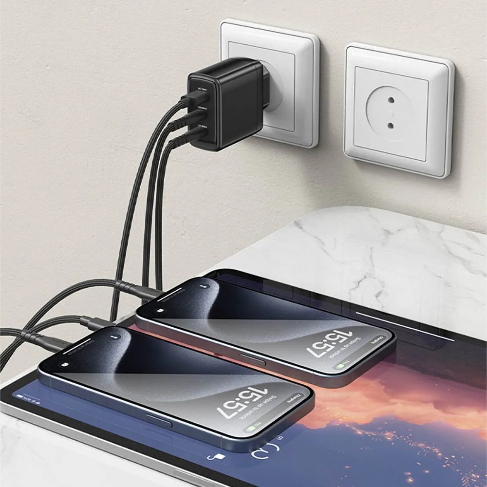 Chargeur Secteur GaN Multi (2x USB-C + USB) Yesido YC144C 65W Noir — vue 3