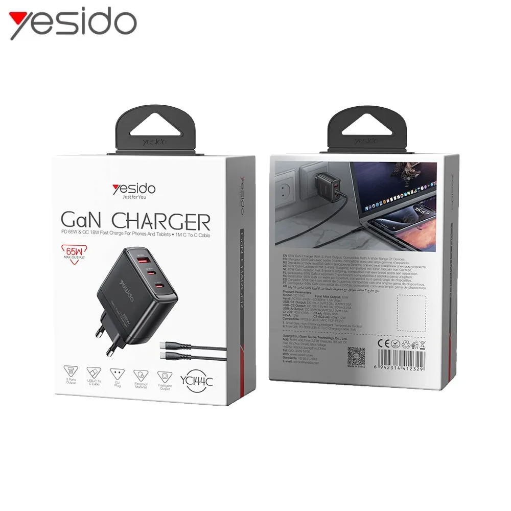 Chargeur Secteur GaN Multi (2x USB-C + USB) Yesido YC144C 65W Noir — vue 5