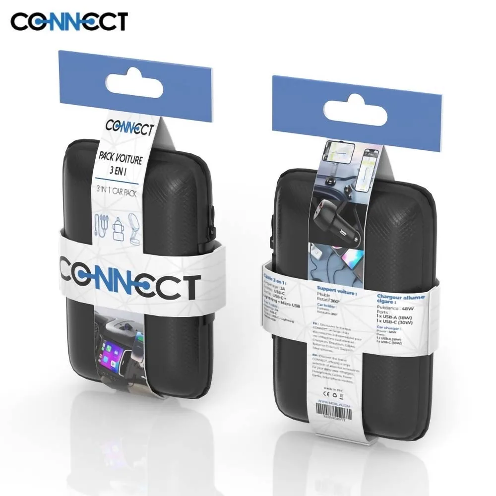 Pack Voiture CONNECT (Support Smartphone Magnétique 360° + Chargeur Allume-Cigare 48W + Câble de Charge 3A 3-en-1) Noir — vue 2